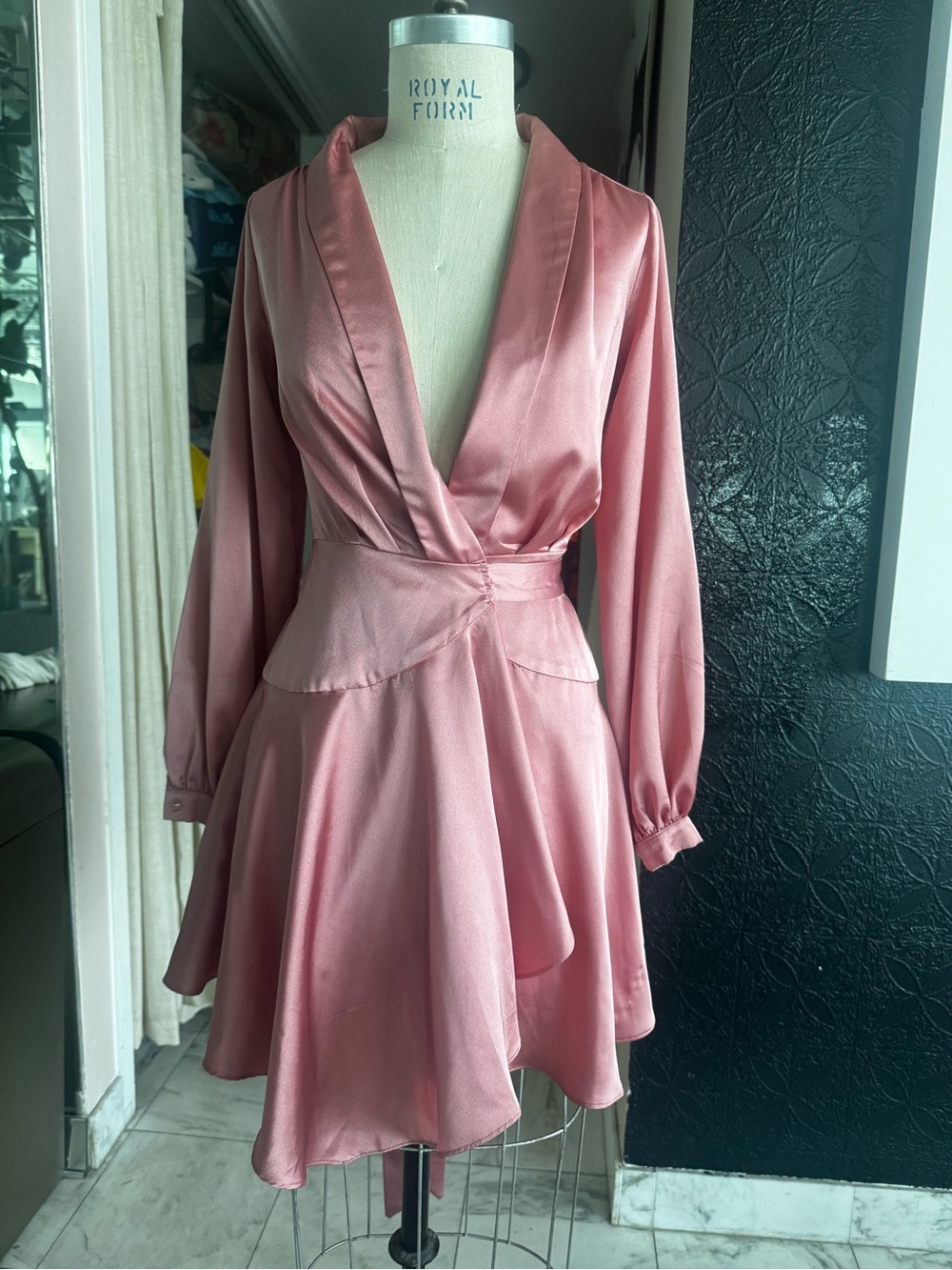 Blush Pink Satin Wrap-Style Midi Dress